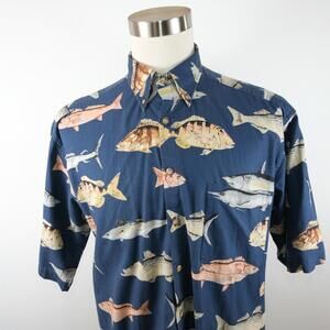 Tango Max Raab Mens Button Up Navy Blue Fish Pattern Dress Shirt M Vintage